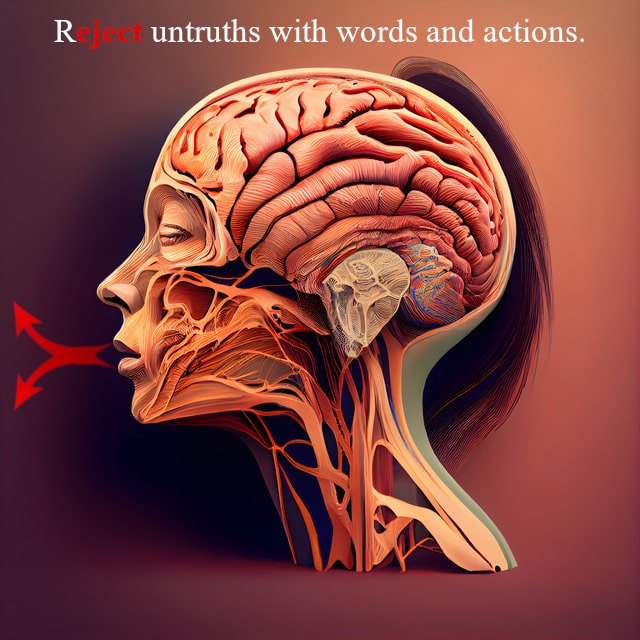 Cross section drawing of a head demonstrating how to reject lies with words and actions