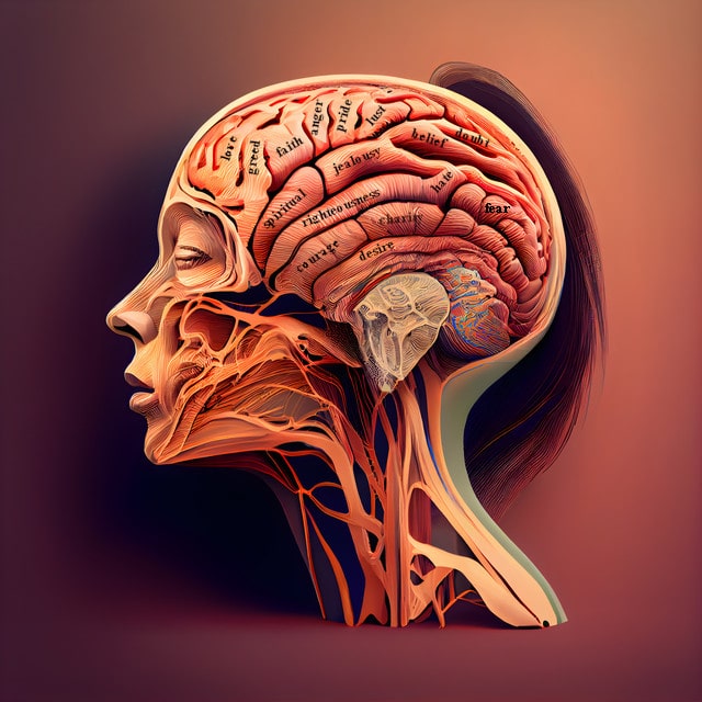 Cross section drawing of a head with brain compartmentalizing information