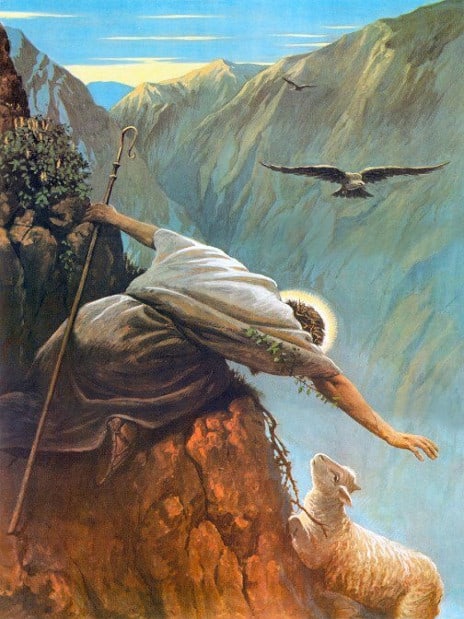 Jesus reaching for a lost sheep on a mountainside