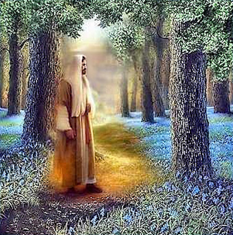 Jesus on a glowing path in a forest