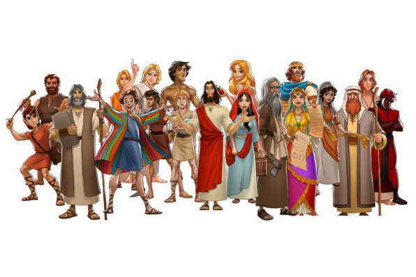 A cast of cartoon bible characters all standing together