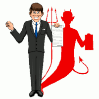 Cartoon of a smiling businessman holding a contract with the shadow of a devil