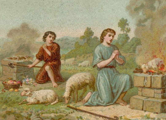 Abel and Cain each kneeling by their sacrifices