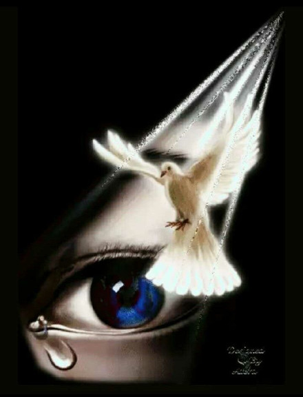 Blue eye with tear emerging and Holy Spirit Dove appearing