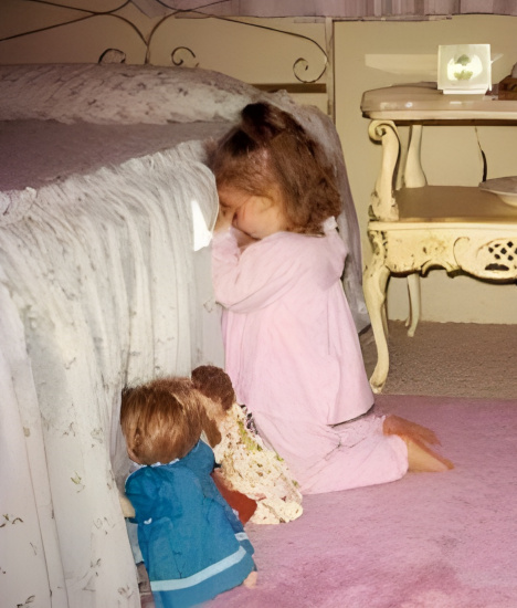 A girl and her dolls, praying at bedside