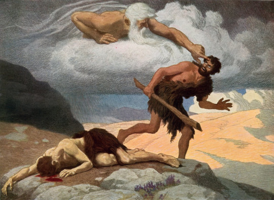 God marking Cain's forehead with Abel lying dead at his feet, blood on the ground