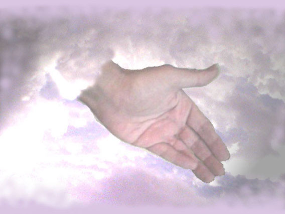 God's welcoming hand reaching through clouds