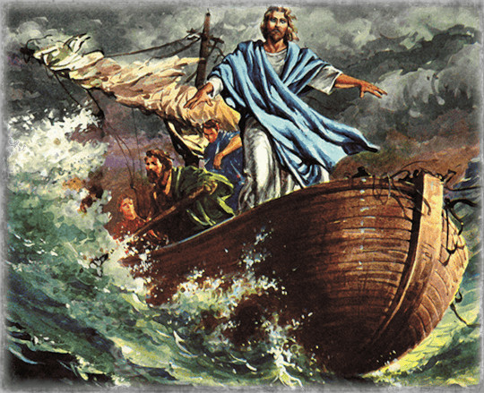 Jesus on ship commanding the waves to subside