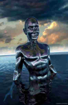 Blue metallic colored human clone emerging from a body of water