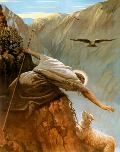 Jesus reaching for a lost sheep on a mountainside