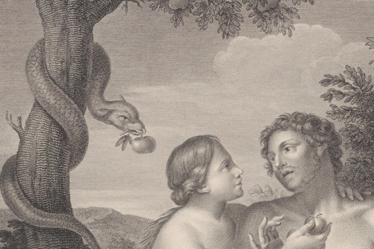 Adam being offered the apple by Eve, serpent looking on