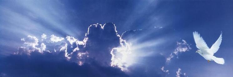 Holy Spirit Dove in front of clouds with sunbeams shining behind